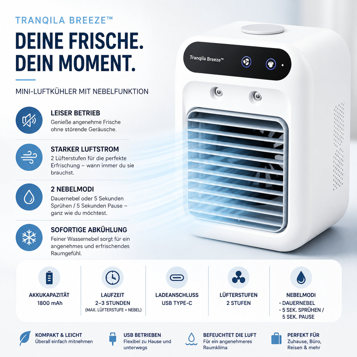 Tranqila Breeze™ – Persönlicher Mini-Luftkühler mit Nebelfunktion