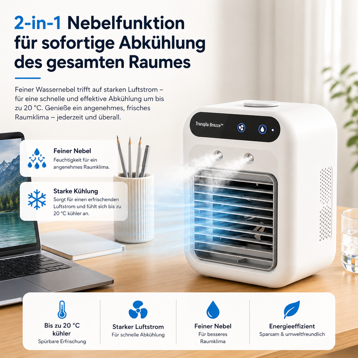Tranqila Breeze™ – Persönlicher Mini-Luftkühler mit Nebelfunktion